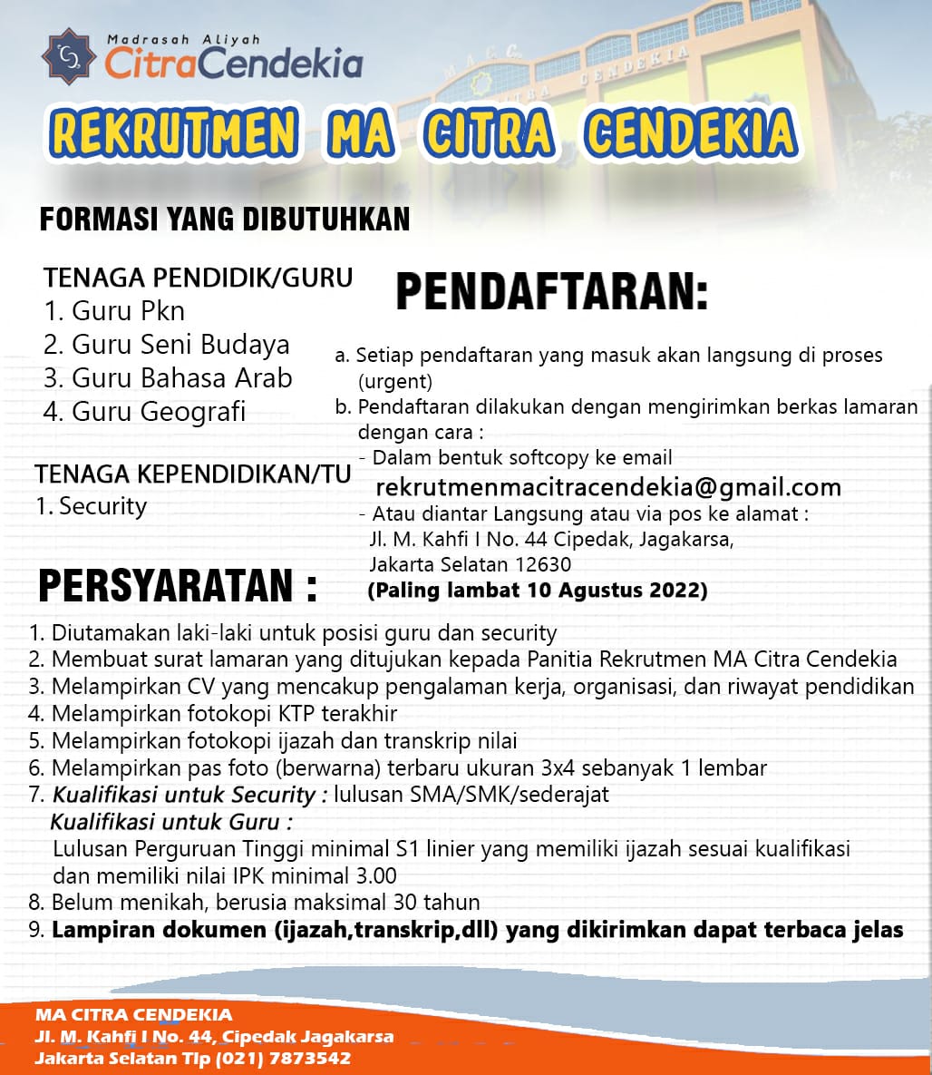 Lowongan Pekerjaan Guru Citra Cendekia