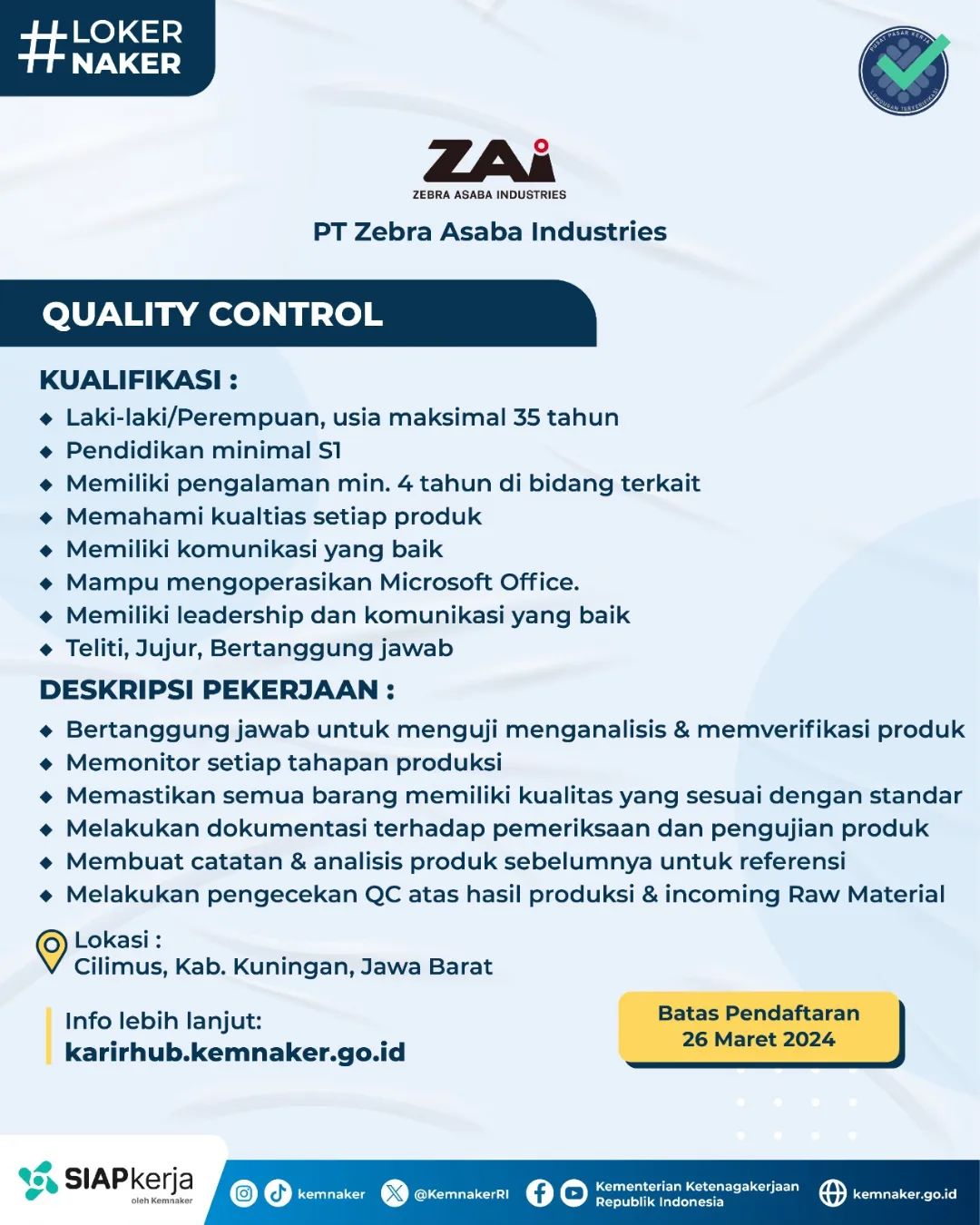 Lowongan Pekerjaan PT Zebra Azaba Industries