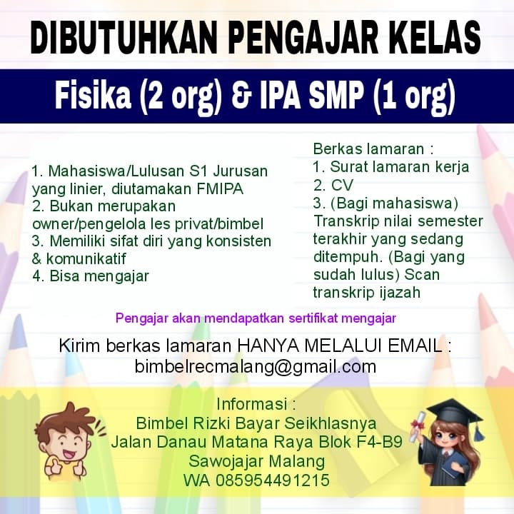 Lowongan Kerja Bimbel Rizki Bayar Seikhlasnya