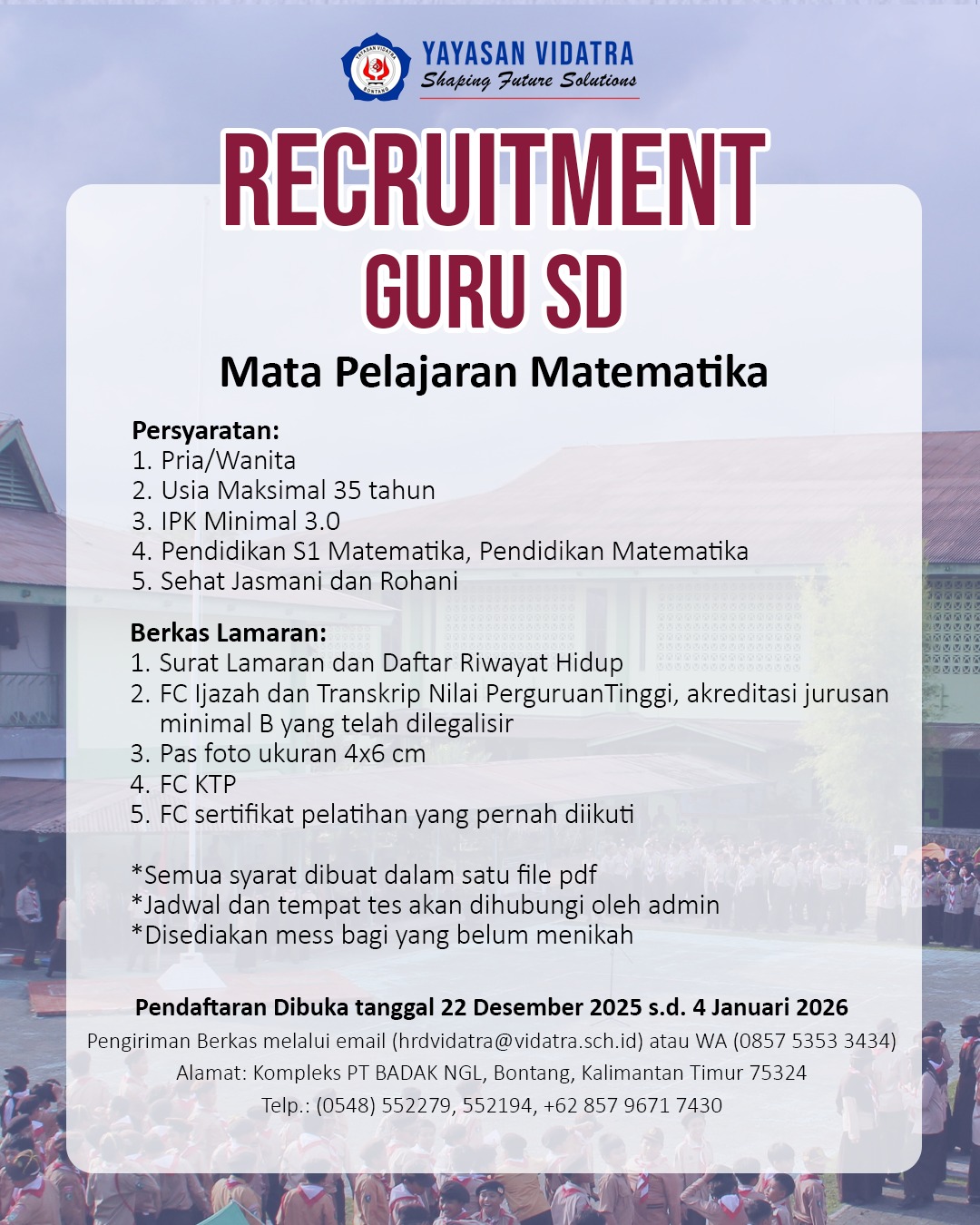 Lowongan Kerja Yayasan Vidatra Shoping Future Solutions Recruitment Guru SD Mata Pelajaran Matematika